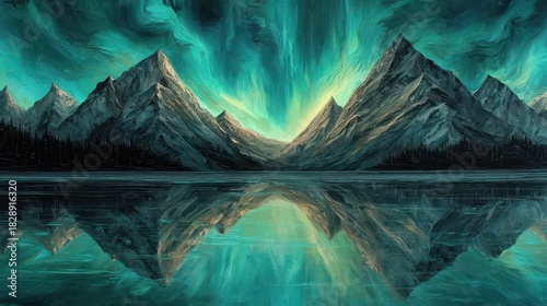 Majestic Aurora Borealis Over Mountain Range Reflected in Calm Lake Waters.