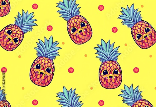 Adorable kawaii pineapple seamless pattern on sunny yellow background, summer, clipart