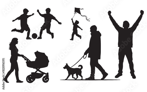 Silhouette collection of people enjoying outdoor activities in a park