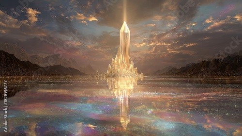 Majestic Golden Spire City Reflected in Serene Mystical Waters, Fantasy Art.