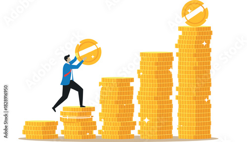 Financial growth vector illustration with businessman stacking coins, increasing profit, revenue and investment success concept