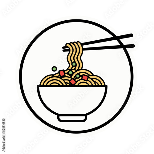 Simple Bowl Of Noodles With Chopsticks In A Circle Sticker Style Flat Vector Art Clean Minimalist Design With Yellow Noodles Green Peas And Red Cubes