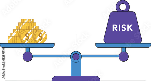 Risk and money balance vector illustration showing financial decision, investment profit versus risk scale comparison concept