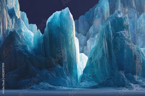 Majestic Iceberg Formation - Luminescent Blue Peaks Against Dark Sky, Abstract Landscape.
