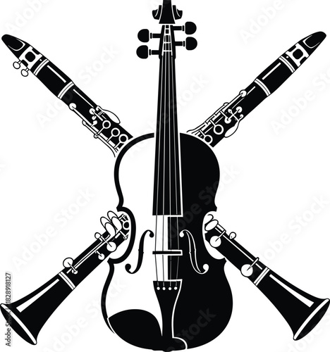 Classical Music Emblem with Violin and Crossed Clarinets Vector Illustration for Orchestra Logo or Concert Poster Design