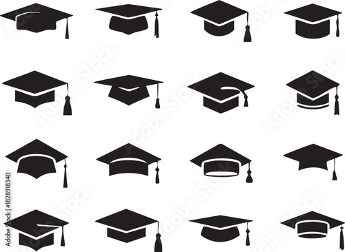 Graduation caps icon Set, A symbolic collection of graduation caps, representing the achievement of educational milestones and the pursuit of knowledge. Vector illustration !