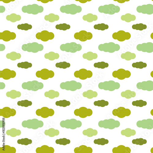 A seamless vector pattern illustration featuring numerous stylized clouds in various shades of olive green and lime green on a white background