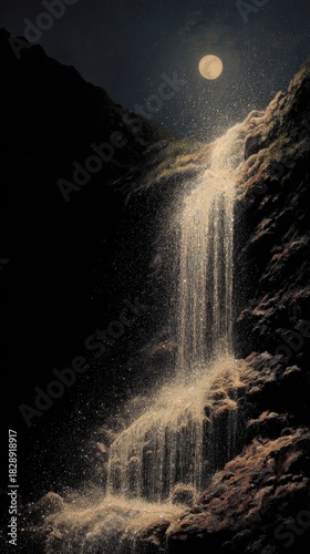 Majestic Waterfall Cascading Under Moonlight, Dramatic Night Landscape Painting.