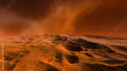 Journey across an alien red planet surface with vast dusty sky and distant mountains