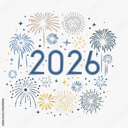 Digital illustration of colorful fireworks exploding around the year 2026 in blue text on a white background. Perfect for celebrations, New Year's Eve promotions, and festive greeting cards.