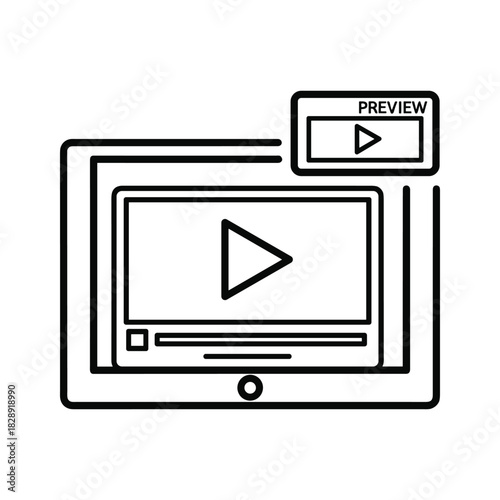 Tablet displaying video player with preview window, digital content streaming concept