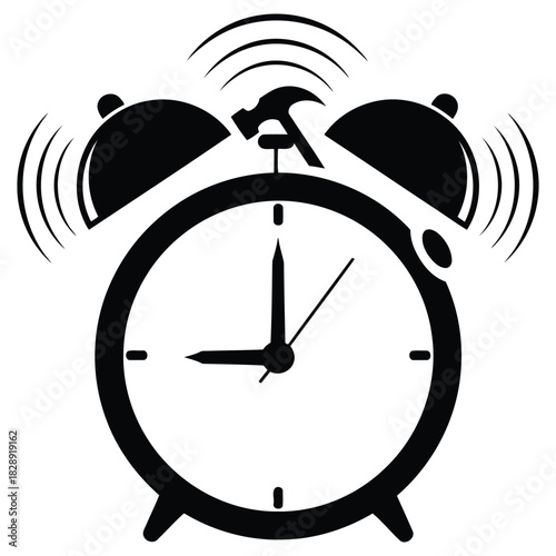 Ringing Alarm Clock with Hammer, Loud Clock Concept, Wake Up Time with Tool