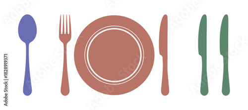 Icons of forks, knives, spoons, and plates. Flat style tableware set. Collection of dinner service. Plates, forks, and knives for apps and websites. Dinner service.