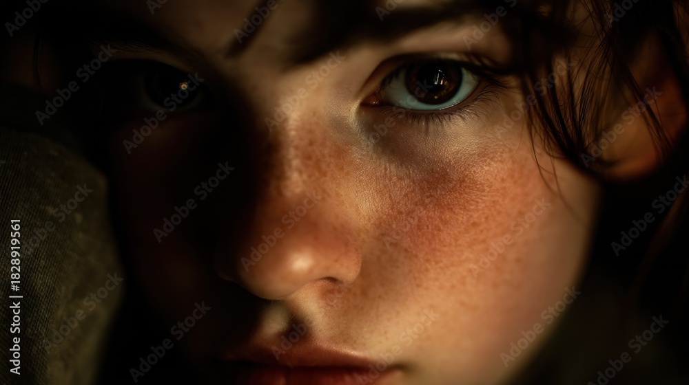 Fototapeta premium A child gazes thoughtfully revealing beautiful freckles and deep expressive eyes. The soft lighting surrounds them capturing a serene moment in the evening.