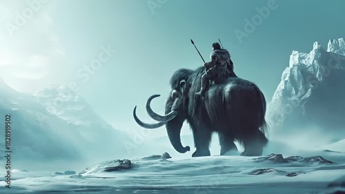 A vivid portrayal of a warrior mounted on the back of a mammoth, set against a backdrop of a vast, icy landscape. The warrior is clad in traditional armor.