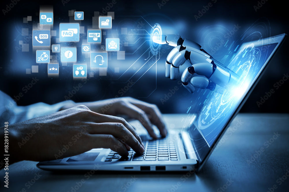 Obraz premium Artificial intelligence assists online help and FAQ services, answering questions, guiding customers, and improving support efficiency through smart automation. Entice