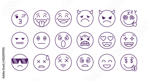 Collection of linear emoji expressions, showcasing a range of emotions from joy and surprise to anger and sadness