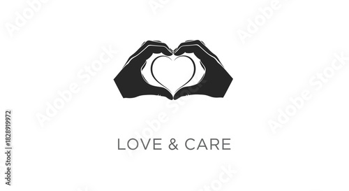 Silhouette of two hands forming a heart shape above the text love care isolated on white background
