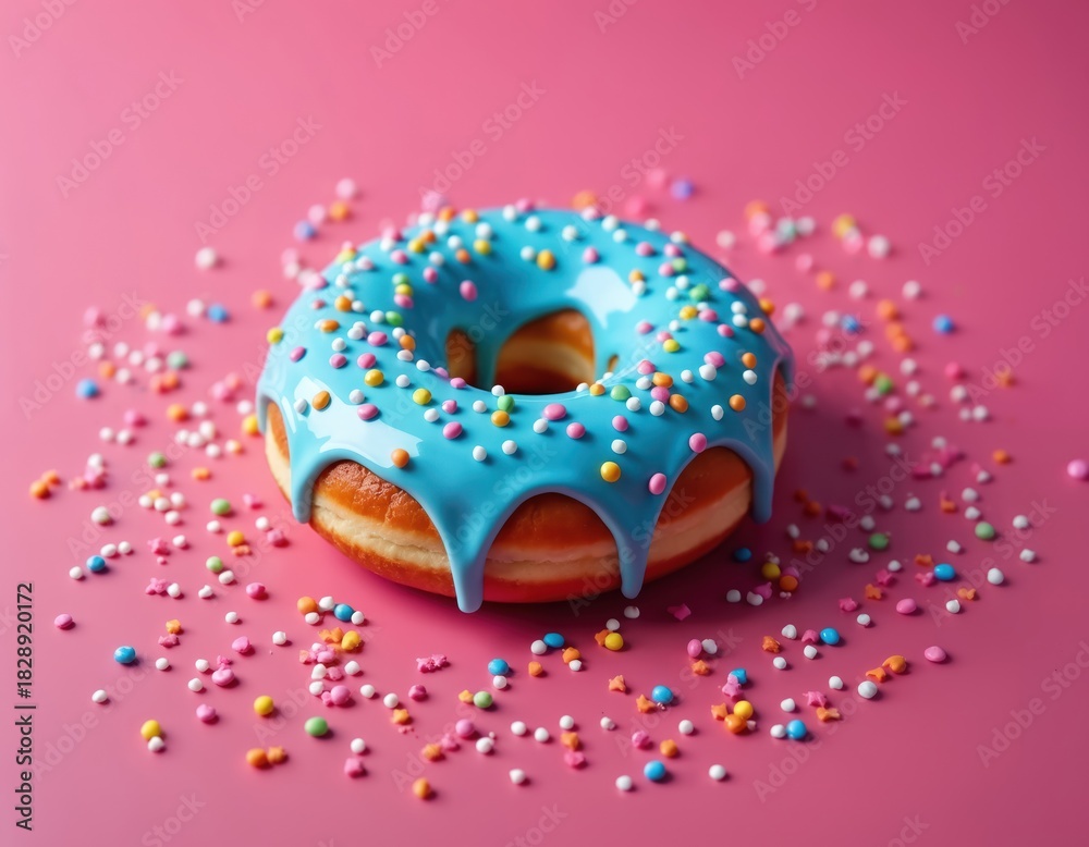 Naklejka premium Single donut with dripping blue icing, rainbow sprinkles on pink background. Sweet glazed pastry delicious bakery treat. Unhealthy but tasty fried junk food confection perfect for snack party.