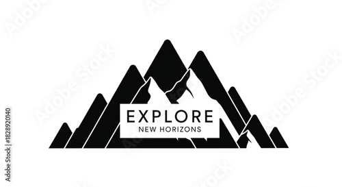 Black and white mountain range logo design with the text explore new horizons isolated on white background
