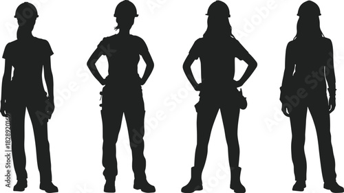 Silhouettes of diverse construction workers in helmets standing confidently, representing teamwork, labor force, engineering, and industrial workforce unity illustration