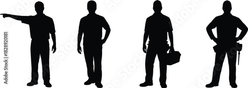Silhouettes of professional workers in various poses with tools and uniforms representing trades, teamwork, labor roles, and occupational diversity