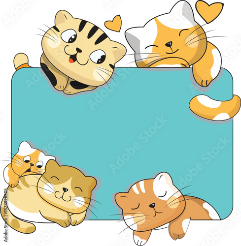 Cute cartoon kittens frame with blank turquoise board, playful domestic cats, adorable pets, copy space for text