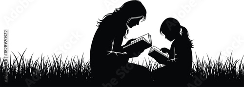 Silhouette of adult and child reading books outdoors, peaceful nature scene, educational bonding, family learning, grass field illustration