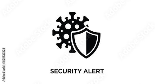 Black and white icon representing a security alert for a virus, featuring a shield protecting against a coronavirus shape, isolated on white background
