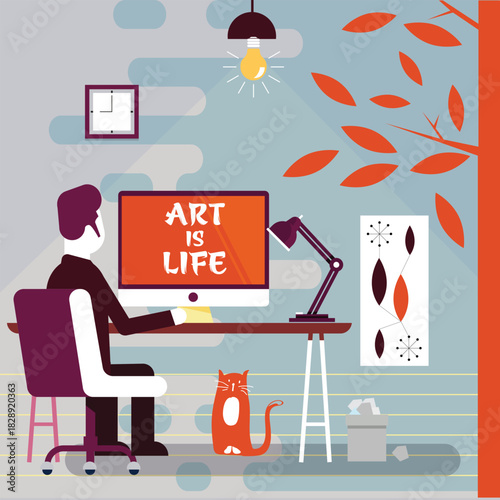 Creative person working on computer with cat at home desk, 'art is life' on screen, modern illustration.