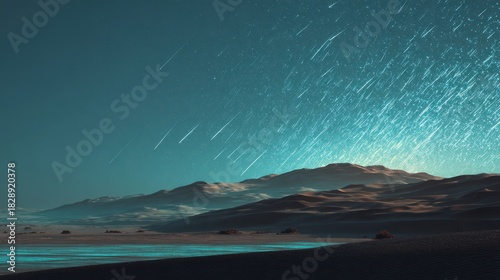 Mesmerizing Teal Star Trails Streaking Across Night Sky Above Dark Mountain Silhouettes.