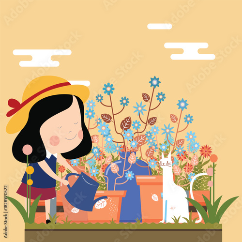 Little girl in straw hat happily watering her colorful garden flowers with a curious white cat watching nearby.