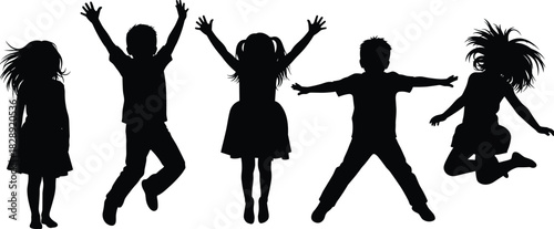 Energetic children silhouettes jumping and dancing in playful poses, expressing joy, movement, freedom, and childhood fun on white background.