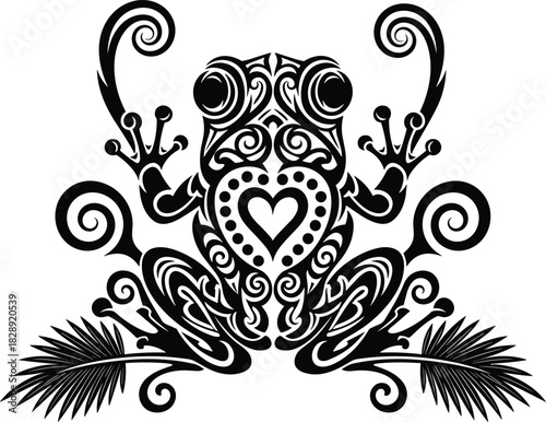 Tribal frog vector tattoo design, ornamental stylized animal illustration, mystical ornate amphibian with heart shape, detailed symmetrical pattern, and tropical leaves decoration for sticker