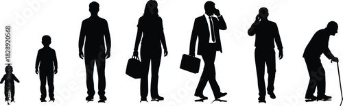 Human life stages silhouette vector showing aging progression from baby to elderly person, ideal for education, healthcare, and timeline concepts