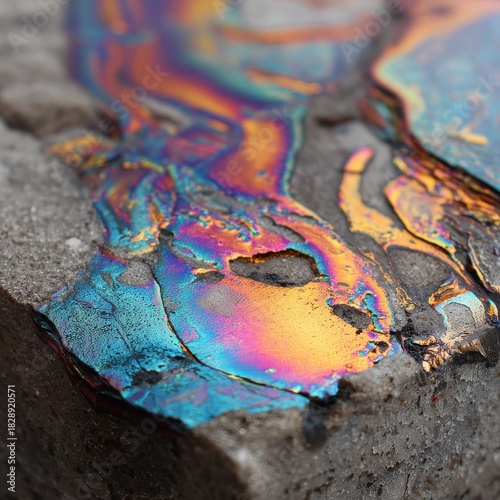 Mesmerizing Iridescent Oil Film on Rough Stone, Reflecting Vibrant Rainbow Hues.