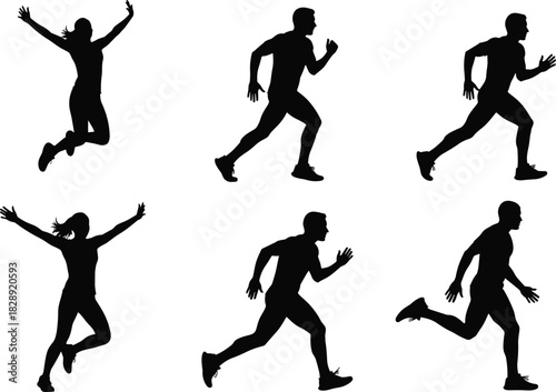 Running vector silhouette set, athletes in motion, active men and women jumping, jogging, sprinting, fitness training, marathon racing, and dynamic healthy lifestyle activities.