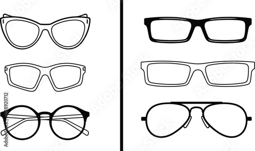 Eyeglasses and sunglasses vector icon set, various fashionable frame styles, cat eye, aviator, rectangular, and round shapes, illustrating optics, vision, and fashion accessories.
