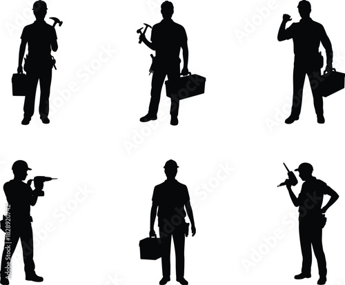 Construction workers silhouettes holding tools and toolboxes in various poses for industrial, labor, teamwork, and maintenance vector illustration design.