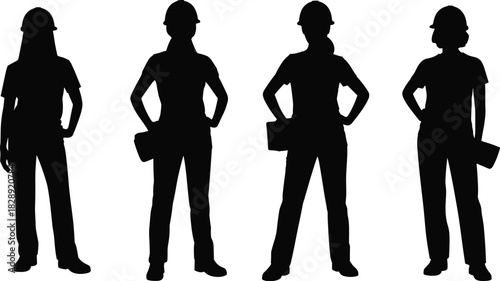 Construction workers silhouette with tools and helmets, engineering team diversity, confident pose, industrial workforce, gender inclusion, teamwork concept vector illustration