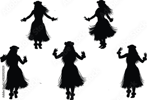 Hula dancer vector silhouette set, Hawaiian woman performing traditional ethnic dance, wearing lei and grass skirt, illustrating island culture, tropical travel, and luau party.