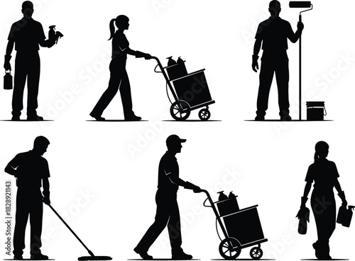 Janitor and service worker vector silhouettes set, people cleaning, mopping, painting, pushing utility carts, illustrating housekeeping, maintenance, professional jobs, and diverse labor.