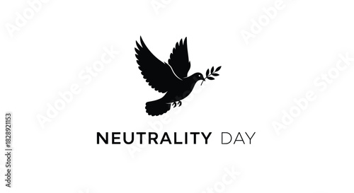 Black silhouette of a dove carrying an olive branch above the text neutrality day isolated on white background

