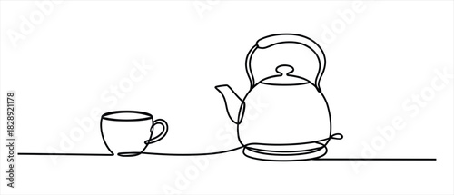 Minimalist One Line Drawing of Teapot and Tea Cup Illustration