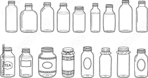 Collection of hand drawn glass bottles and mason jars vector line art illustrations isolated on white background.