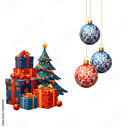 Festive christmas tree with presents and baubles isolated on transparent background