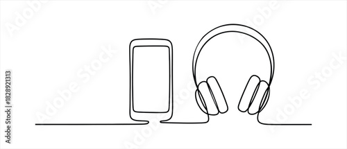 Continuous line drawing of smartphone and headphones minimalist design concept