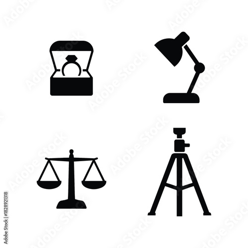 Four black icons: engagement ring in box, desk lamp, scales of justice, and tripod