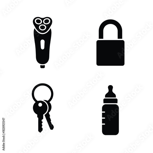 Four black icons featuring an electric shaver a padlock two keys and a baby bottle Keywords: electric shaver, razor