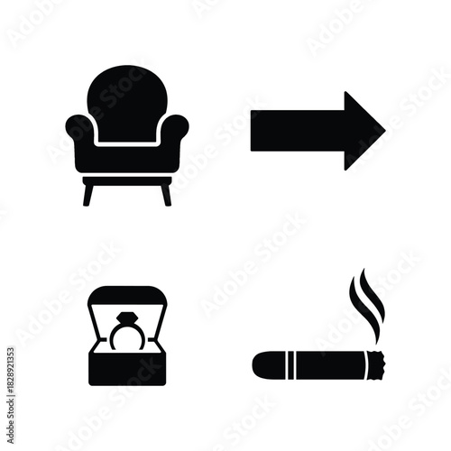 Four Black Icons Featuring Furniture Ring Arrow and Cigar on White Background Keywords: armchair, chair, furniture
